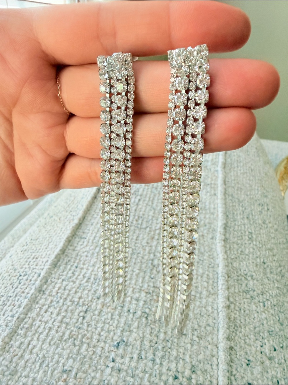 Silver Rhinestone Tassel Drop Earrings - Women Jewelry